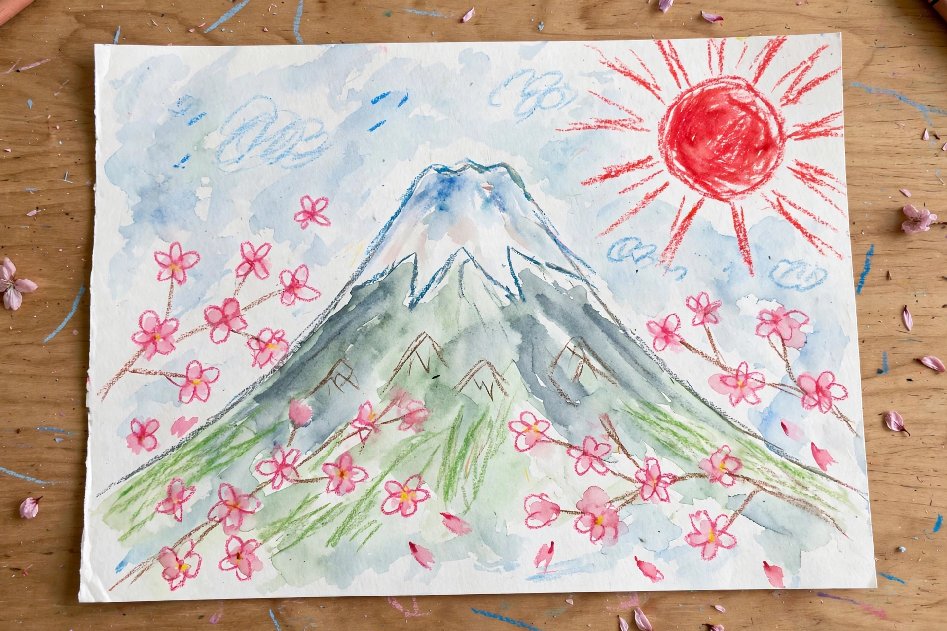儿童画《富士山与樱花》：雪顶富士山、粉色樱花和红太阳