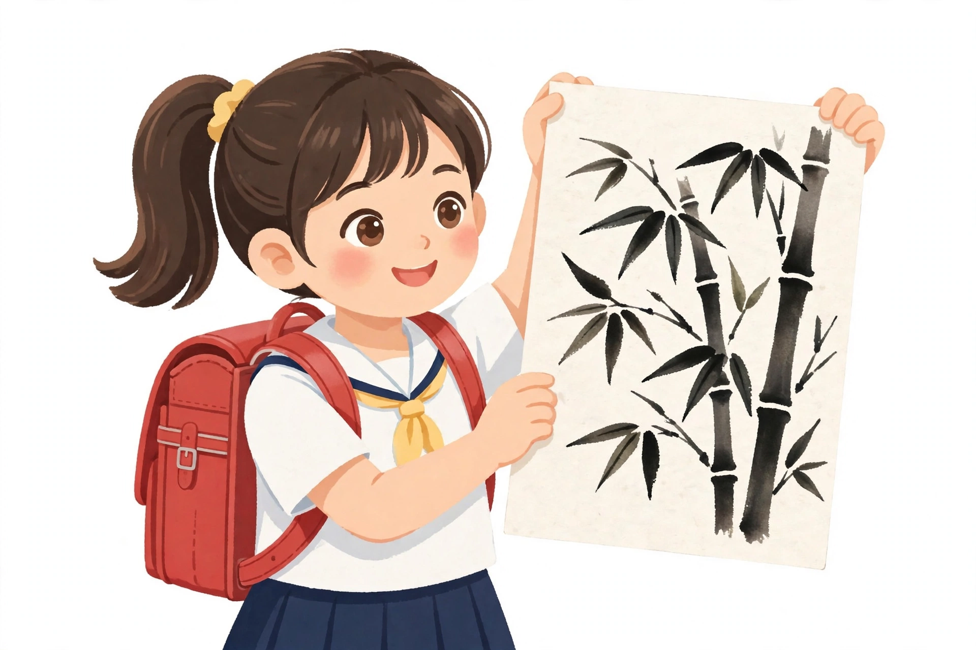 小作者举起自己的水墨竹子画（样板插画）